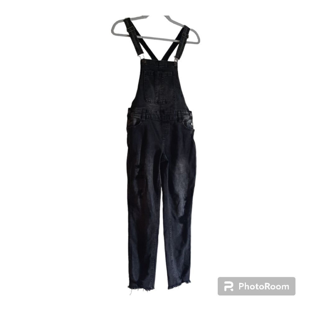 Justice Distressed Acid Wash Raw Hem Bib Overalls Jeans